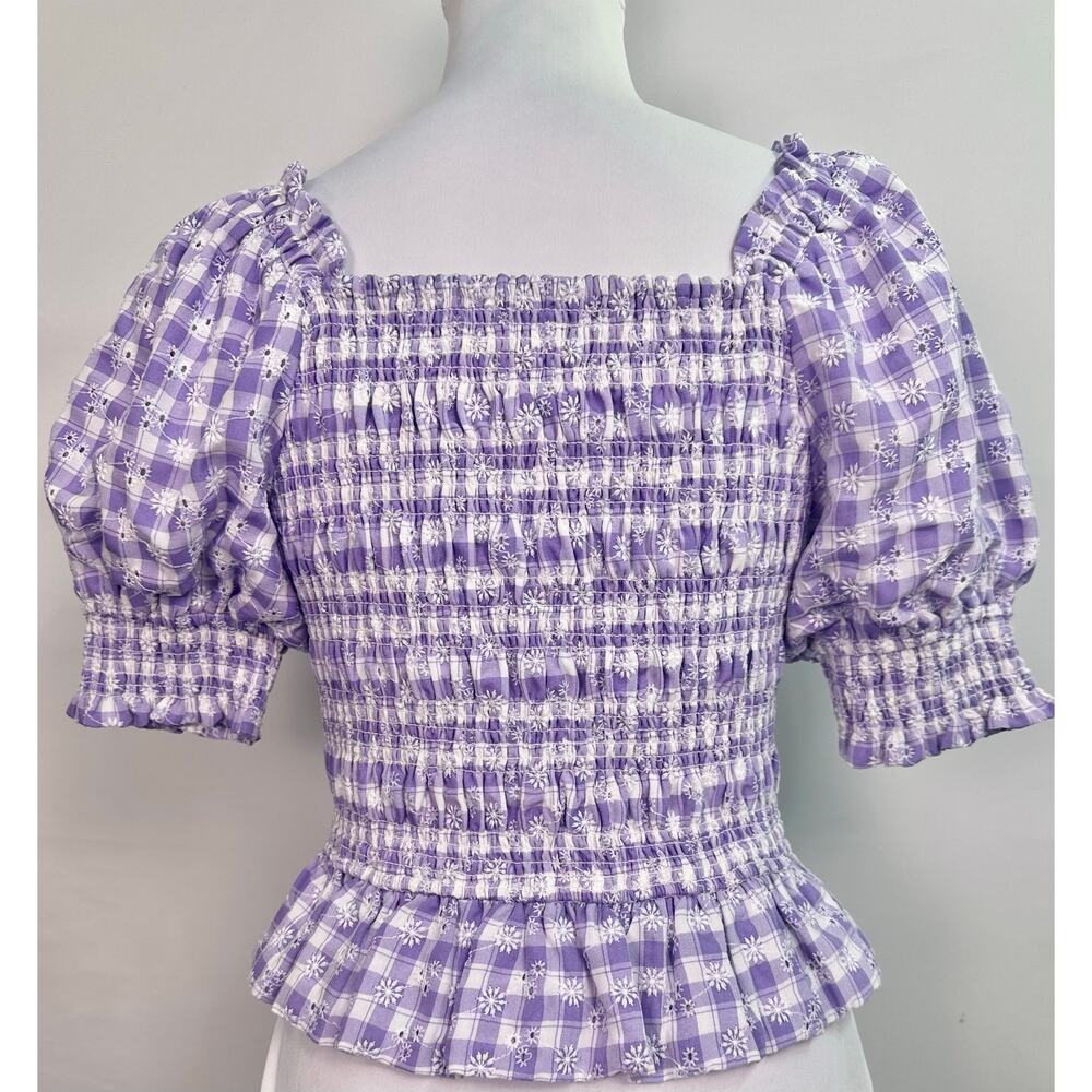 NWOT English Factory Smocked Gingham Puff Sleeve Blouse Square Neck Lavender XS - Picture 4 of 9